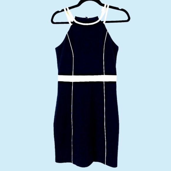 GUESS Halter Color Block Sheath Navy Dress with white piping Size 4 - Picture 1 of 3